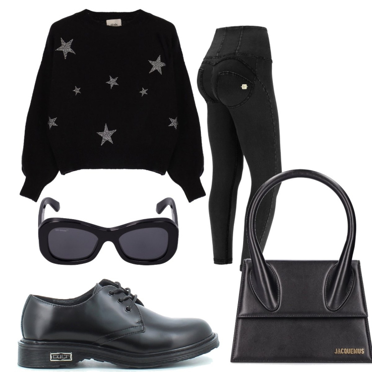 Outfit donna - Stelline argento. Stile Casual per Tutti i giorni. Abbinamento con jeggings, maglieria, francesine, borse a mano, occhiali da sole.