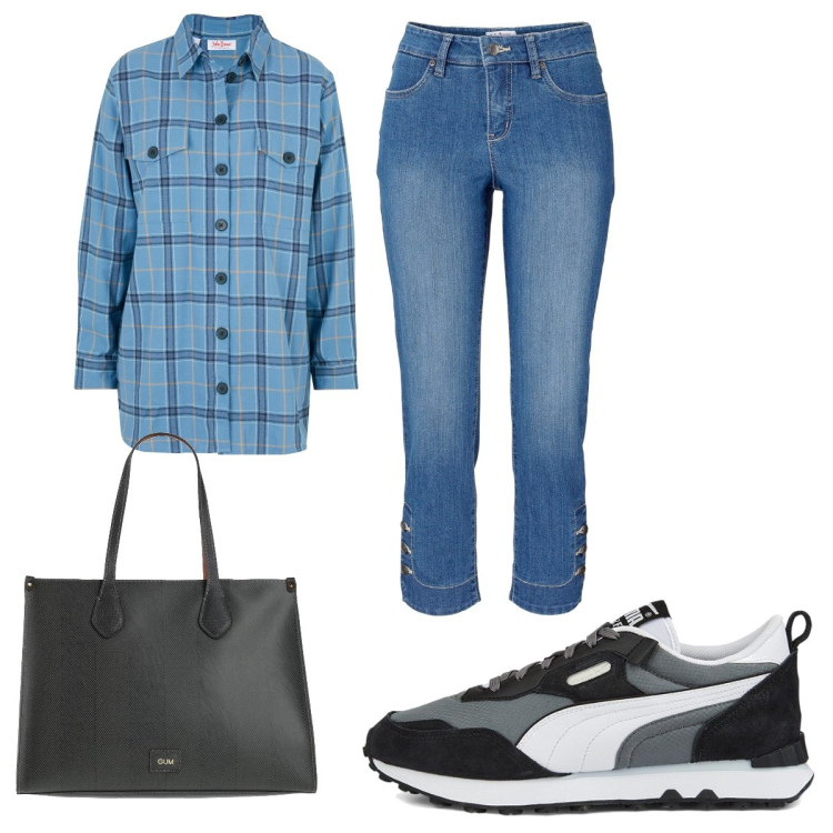 Outfit donna - Borsa shopper nera. Stile Casual per Tutti i giorni. Abbinamento con camicie, jeans slim fit, borse a mano, sneakers.