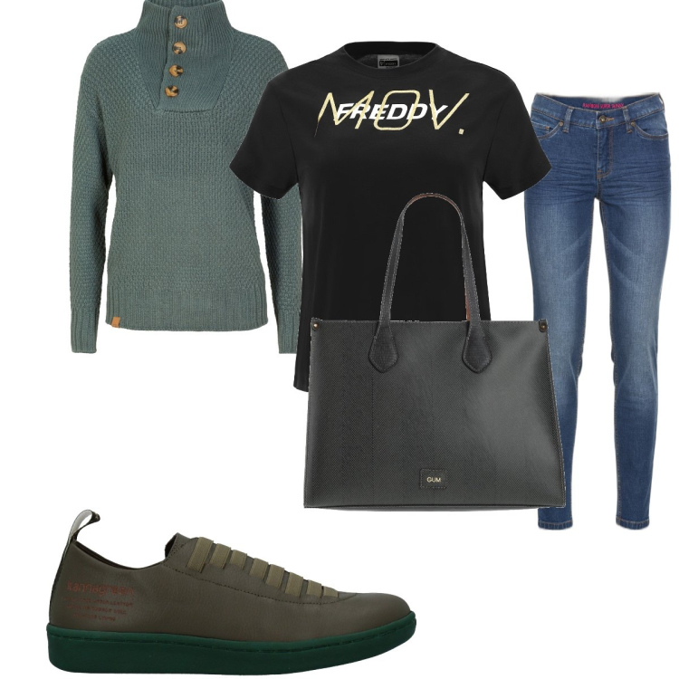 Outfit donna - Sneakers verde con suola verde. Stile Basic per Tutti i giorni. Abbinamento con jeans skinny, maglieria, borse a mano, sneakers, t-shirt.