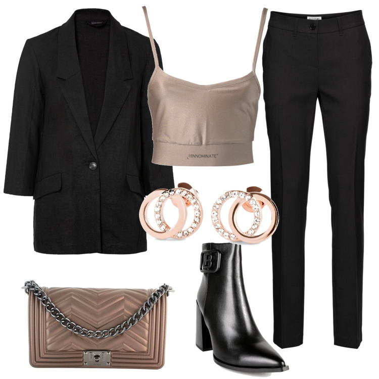 Outfit donna - Voglia di osare. Stile Glamour per Serata fuori. Abbinamento con pantaloni, blazer, orecchini, stivaletti, borse a tracolla, top.