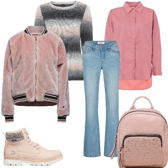 Outfit donna - Jeans e maglione fantasia. Stile Casual per Tutti i giorni. Abbinamento con maglieria, jeans bootcut, orecchini, cappotti, zaini, anfibi.