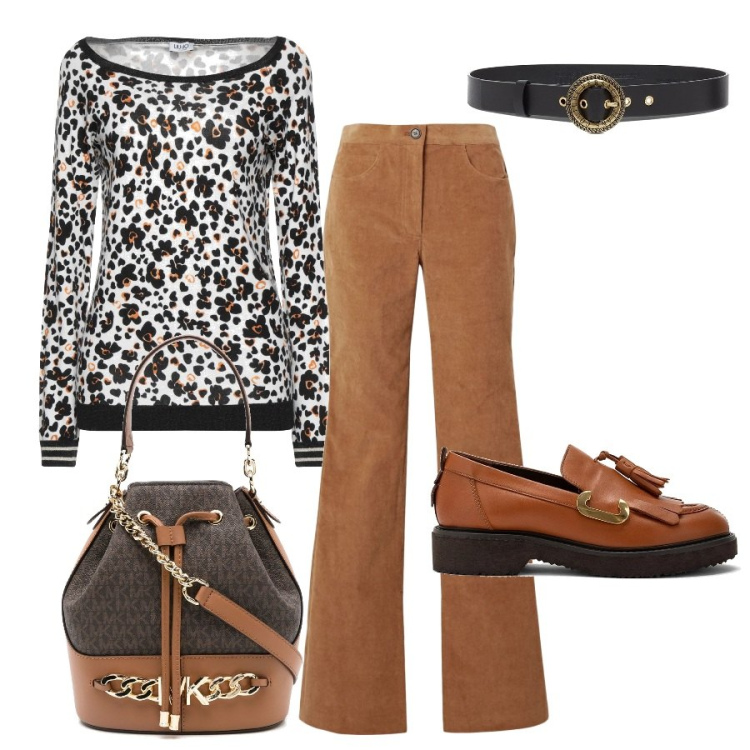 Outfit donna - Il velluto a zampa. Stile Casual chic per Tutti i giorni. Abbinamento con pullovers, pantaloni, mocassini, cinture, borse a secchiello.