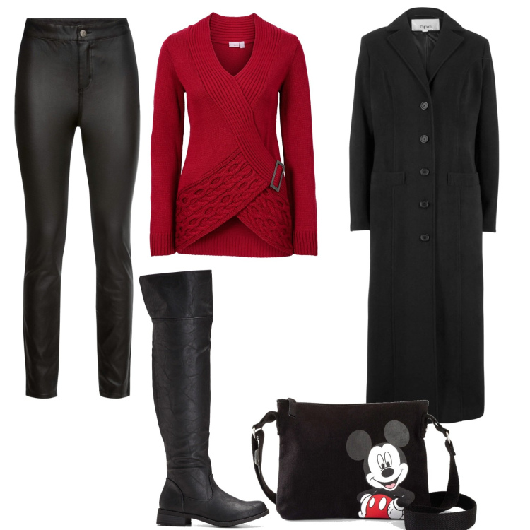 Outfit donna - BonPrix black Friday. Stile Trendy per Tutti i giorni. Abbinamento con cappotti, maglieria, borse a tracolla, pantaloni, stivali sopra il ginocchio.