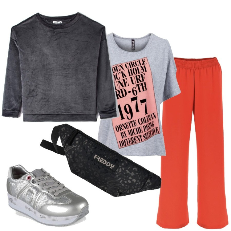 Outfit donna - Il jogger arancione. Stile Sporty chic per Sport. Abbinamento con maglieria, pigiama, sneakers, pantaloni, marsupi.