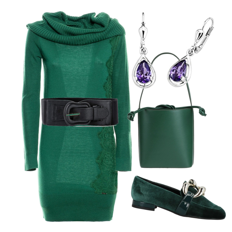 Outfit donna - Il vestito verde. Stile Casual chic per Tutti i giorni. Abbinamento con cinture, mocassini, borse a mano, vestiti, orecchini.