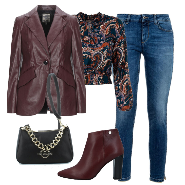 Outfit donna - In città. Stile Casual chic per Tutti i giorni. Abbinamento con stivaletti, blazer, jeans, bluse, borse a tracolla.