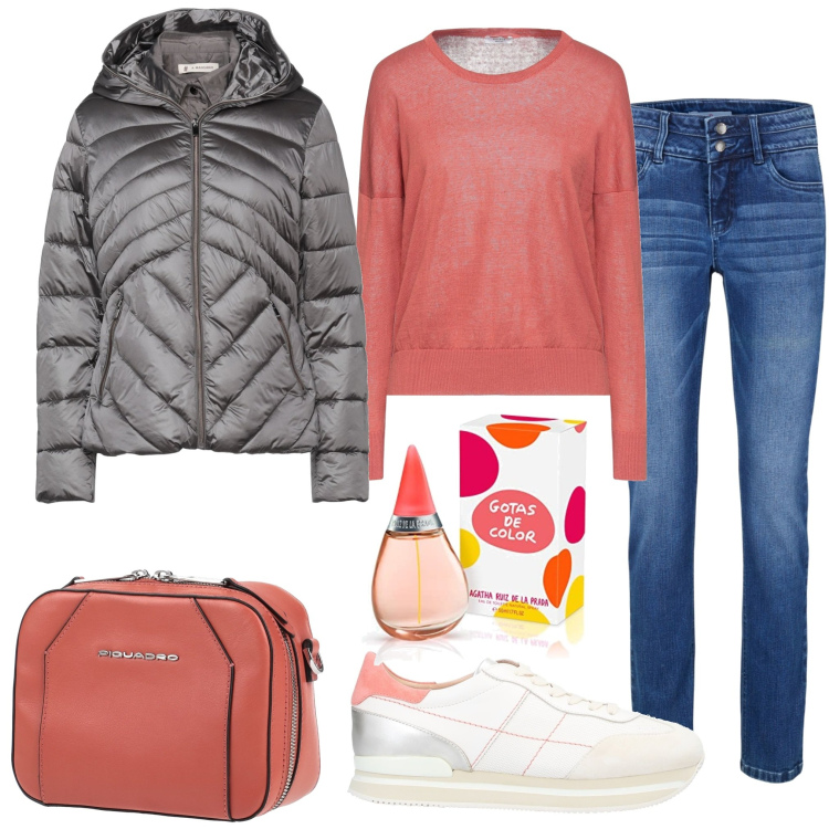Outfit donna - Piquadro. Stile Basic per Tutti i giorni. Abbinamento con jeans, marsupi, sneakers, piumini, pullovers, profumi.