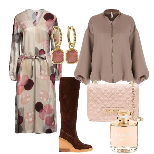 Outfit donna - In città. Stile Bon Ton per Ufficio. Abbinamento con stivali, vestiti midi/longuette, giacche, borse a spalla, orecchini, profumi.