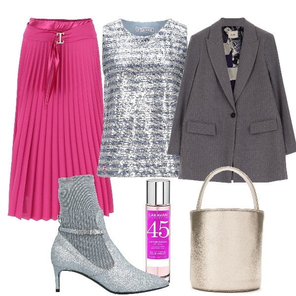 Outfit donna - Dettagli scintillanti. Stile Glamour per Serata fuori. Abbinamento con stivaletti, top, borse a secchiello, gonne longuette, giacche, profumi.
