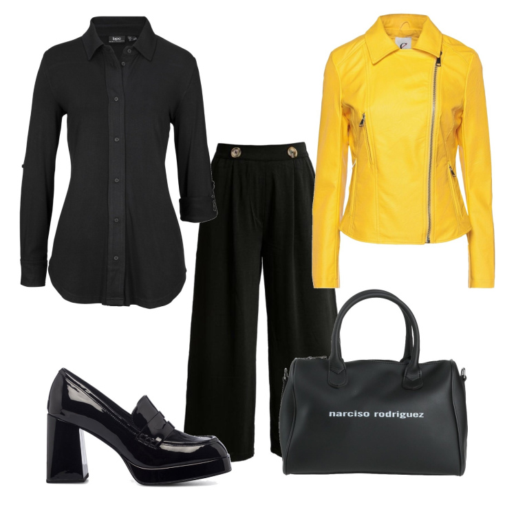 Outfit donna - La giacca gialla. Stile Basic per Tutti i giorni. Abbinamento con camicie, borse a mano, giacche, pantaloni culotte, mocassini.
