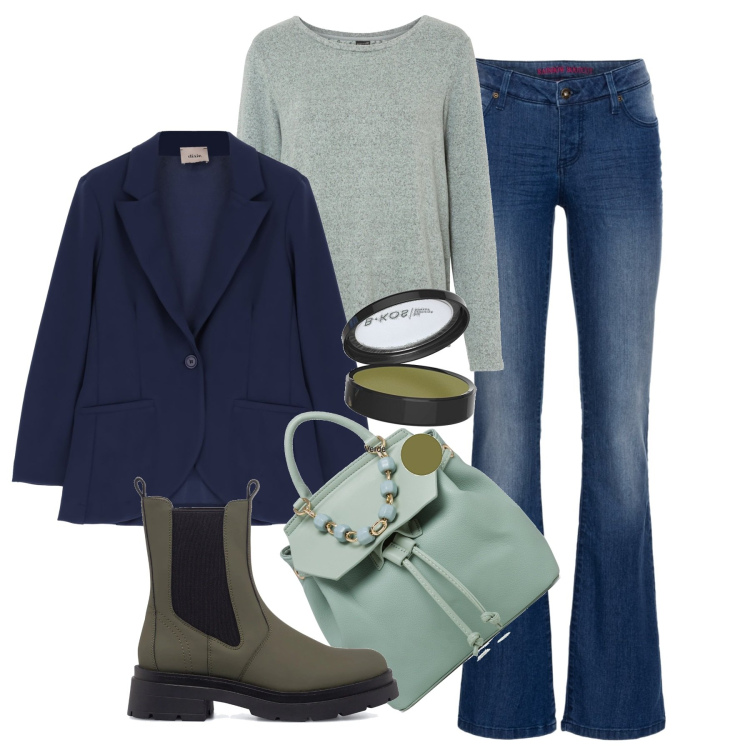Outfit donna - Bon ton in jeans. Stile Bon Ton per Ufficio. Abbinamento con jeans bootcut, maglieria, giacche, stivaletti, zaini, ombretti.