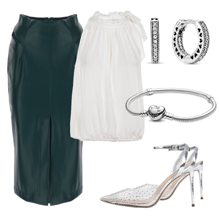 Outfit donna - La gonna verde con lo spacco. Stile Glamour per Serata fuori. Abbinamento con décolleté, gonne longuette, top, orecchini, braccialetti.