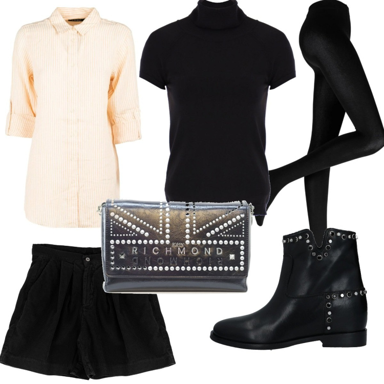 Outfit donna - Venerdì Rock. Stile Rock per Tutti i giorni. Abbinamento con collant, stivaletti, camicie, borse a tracolla, maglieria, shorts.