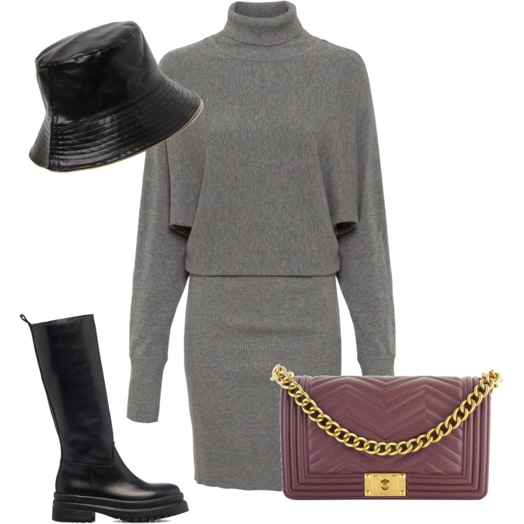 Outfit donna - Curvy. Stile Casual chic per Tutti i giorni. Abbinamento con vestiti, borse a tracolla, cappelli con visiera, stivali.