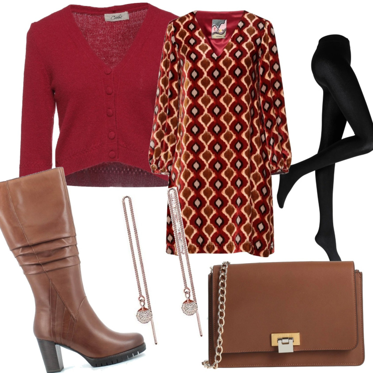 Outfit donna - Mi vesto di fantasia multicolore. Stile Boho per Tutti i giorni. Abbinamento con collant, vestiti corti, cardigans, borse a tracolla, stivali, orecchini.