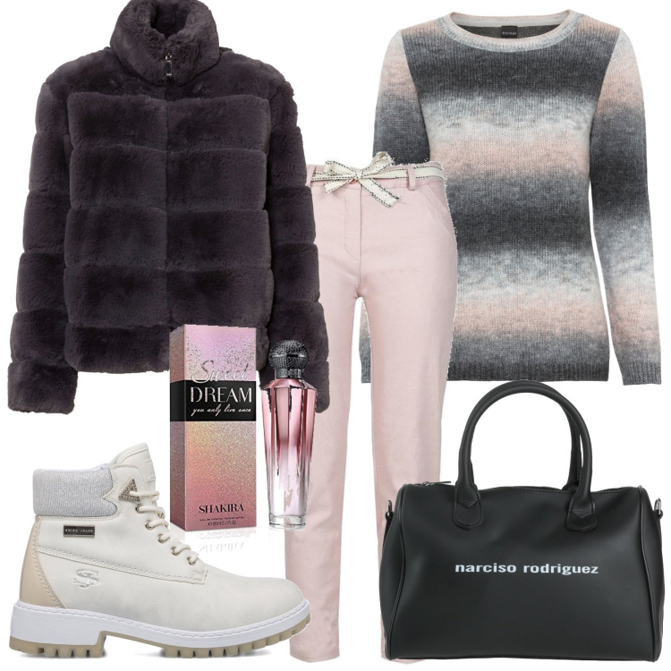Outfit donna - Total look #1473814. Stile Casual per Scuola/Università. Abbinamento con maglieria, ecopellicce, borse a mano, pantaloni, stivaletti, profumi.