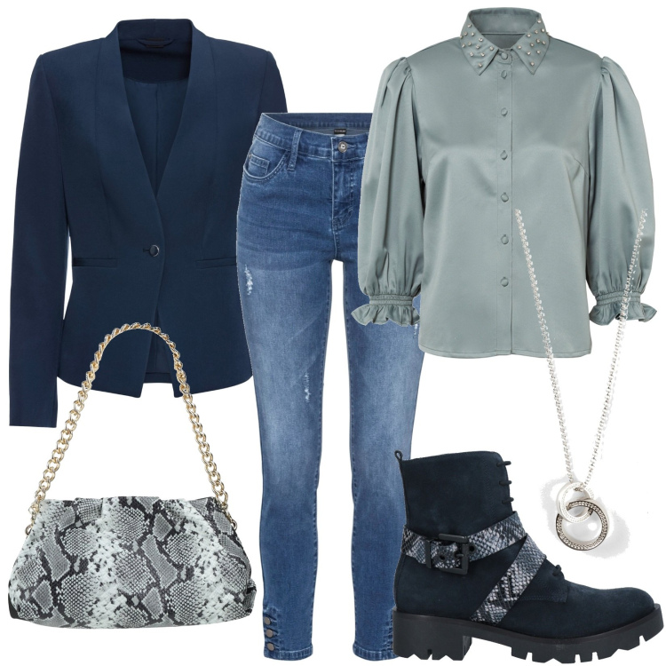 Outfit donna - Casual #20207. Stile Casual per Scuola/Università. Abbinamento con blazer, jeans skinny, camicie, collane, stivaletti, borse a mano.