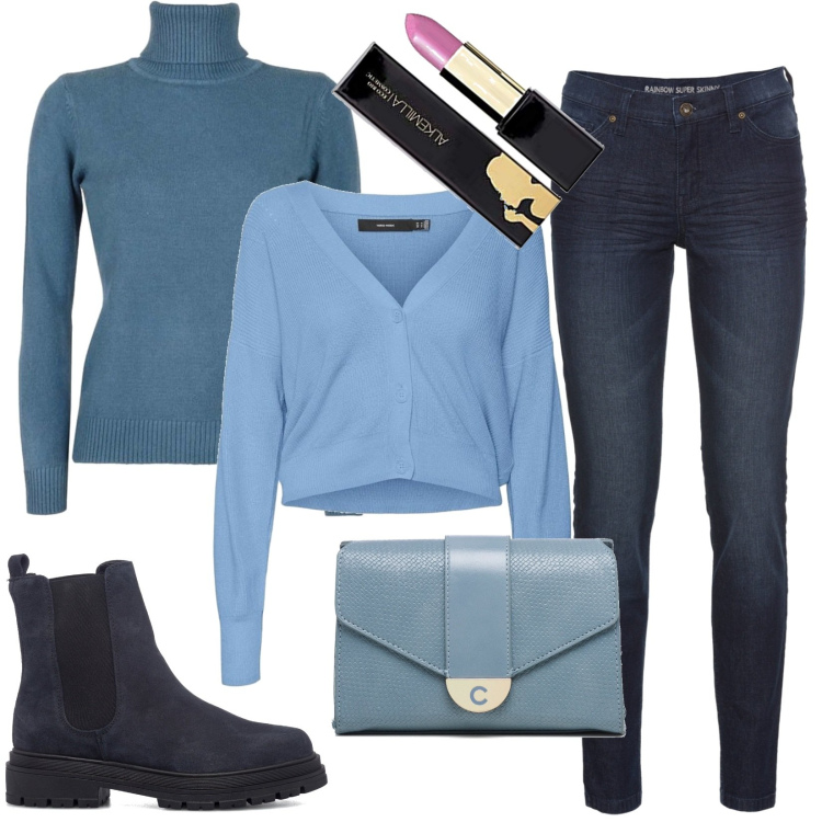 Outfit donna - Total look #1473816. Stile Casual per Tutti i giorni. Abbinamento con jeans skinny, maglieria, stivaletti, borse a tracolla, cardigans, rossetti.