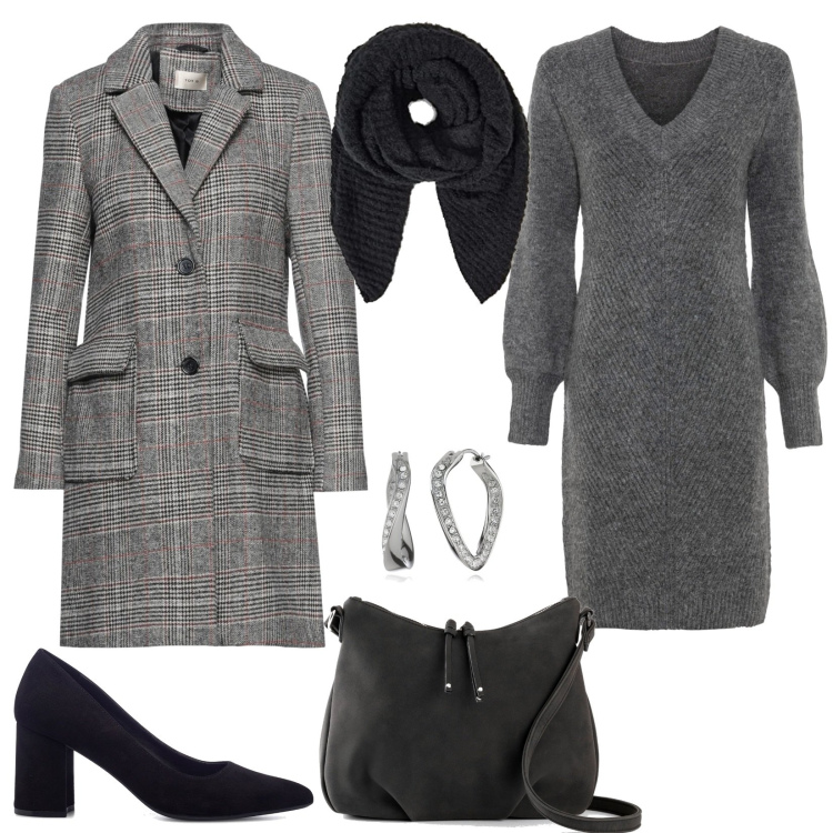Outfit donna - Una serata in grigio. Stile Trendy per Serata fuori. Abbinamento con vestiti, borse a tracolla, cappotti, décolleté, orecchini, sciarpe.