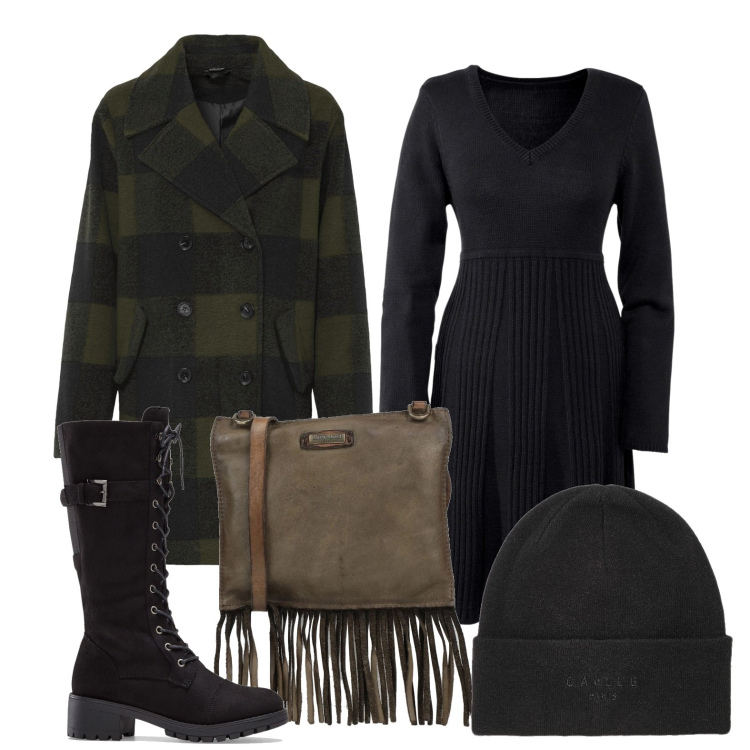 Outfit donna - Ed è weekend. Stile Trendy per Tutti i giorni. Abbinamento con stivali, vestiti corti, cappotti, borse a tracolla, berretti.