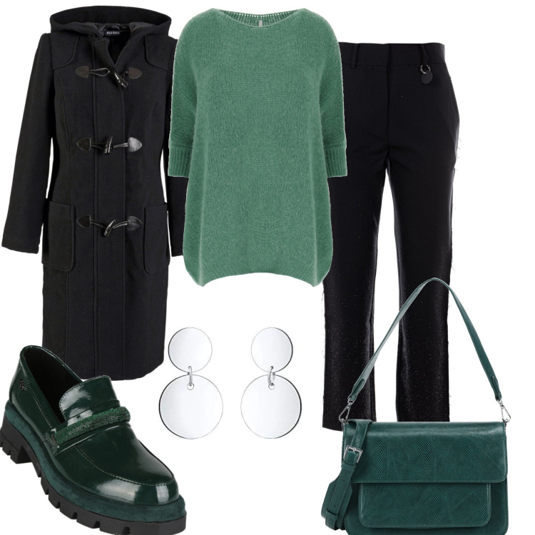 Outfit donna - In città e in ufficio. Stile Casual chic per Tutti i giorni. Abbinamento con montgomery, borse a mano, mocassini, maglieria, pantaloni, orecchini.