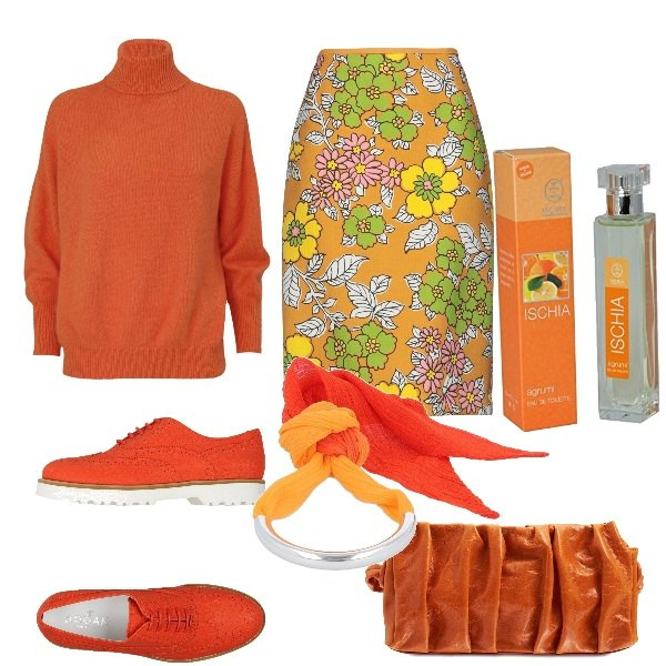 Outfit donna - #25novembreorange. Stile Romantica per Tutti i giorni. Abbinamento con scarpe stringate, gonne longuette, maglieria, profumi, borse a spalla, braccialetti.