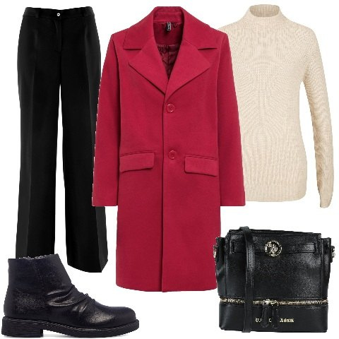 Outfit donna - Un cappotto over. Stile Glamour per Tutti i giorni. Abbinamento con pantaloni, cappotti, maglieria, borse a tracolla, stivaletti.