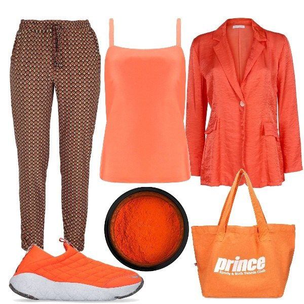 Outfit donna - #25novembreorange. Stile Romantica per Tutti i giorni. Abbinamento con giacche, pantaloni, canottiere, sneakers, shopping bag, ombretti.