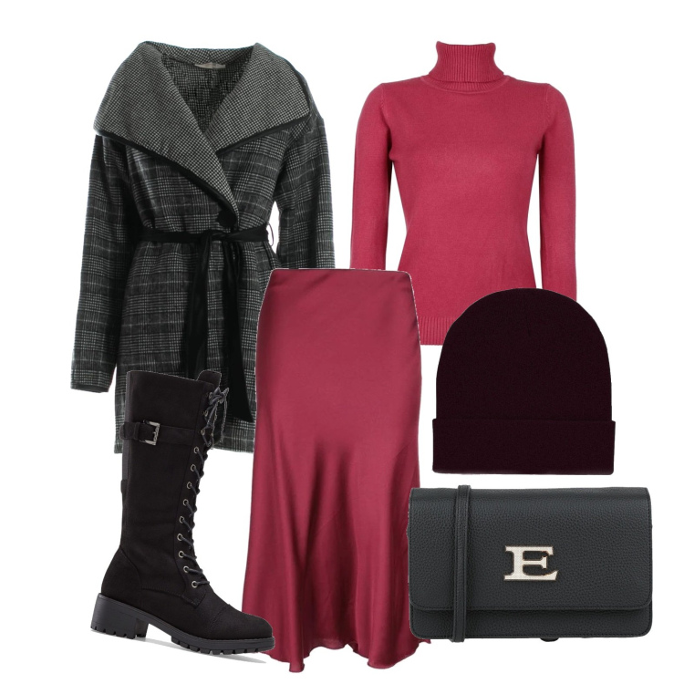 Outfit donna - Quasi natalizia. Stile Casual per Tutti i giorni. Abbinamento con stivali, borse a tracolla, gonne lunghe, maglieria, cappelli con visiera, cappotti.