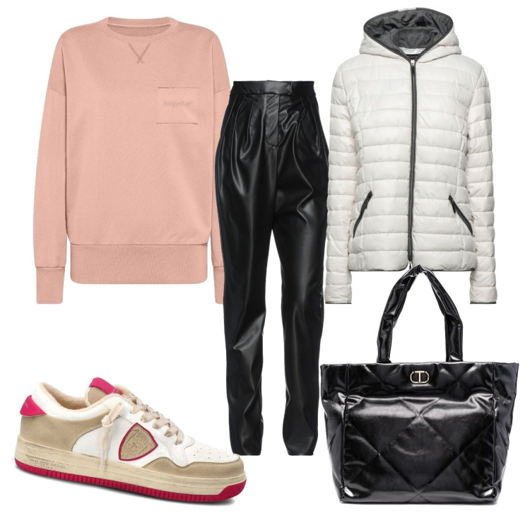 Outfit donna - Philippe model. Stile Sporty chic per Tutti i giorni. Abbinamento con piumini, pantaloni, felpe, sneakers, borse tote.