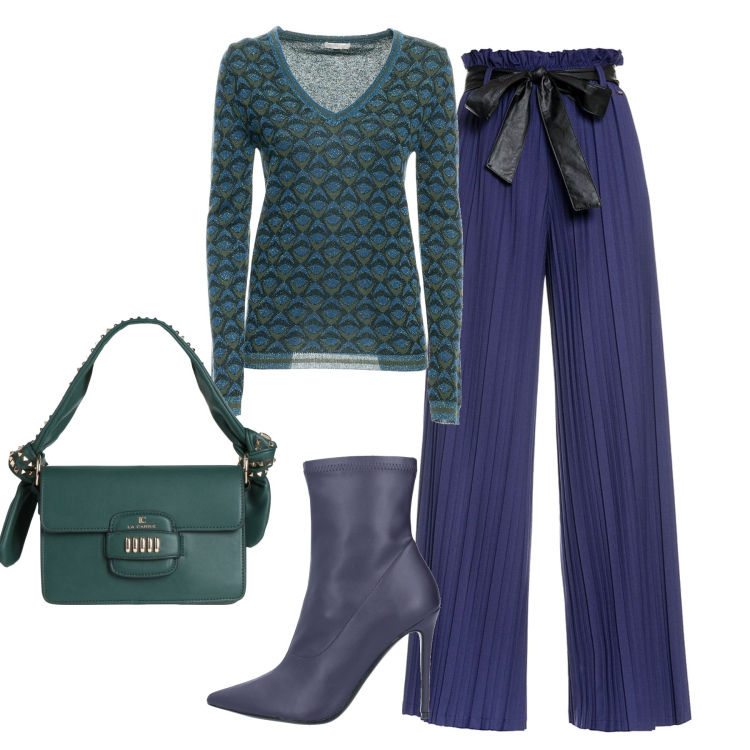 Outfit donna - Total look #1474147. Stile Trendy per Tutti i giorni. Abbinamento con stivaletti, borse a mano, pantaloni a palazzo, maglieria.