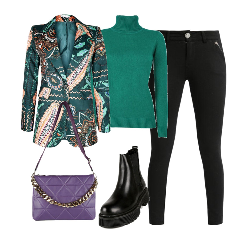 Outfit donna - Total look #1474156. Stile Trendy per Tutti i giorni. Abbinamento con blazer, pantaloni, maglieria, stivaletti, pochette.