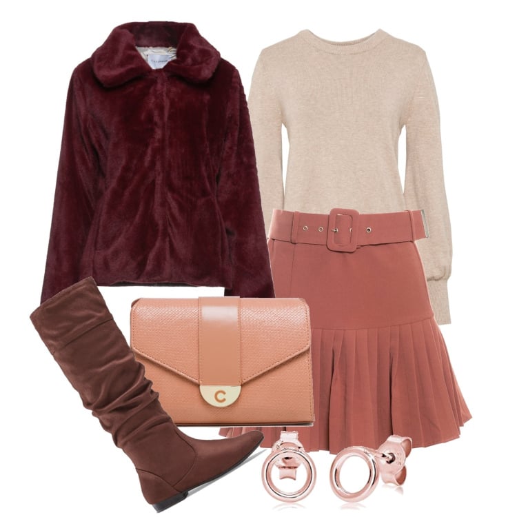Outfit donna - Tonalità pesca. Stile Chic per Tutti i giorni. Abbinamento con cappotti, maglieria, stivali, minigonne, borse a tracolla, orecchini.
