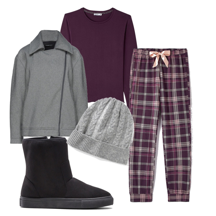 Outfit donna - Il tartan porpora. Stile Urban per Tutti i giorni. Abbinamento con stivali, berretti, giacche, pantaloni, t-shirt.