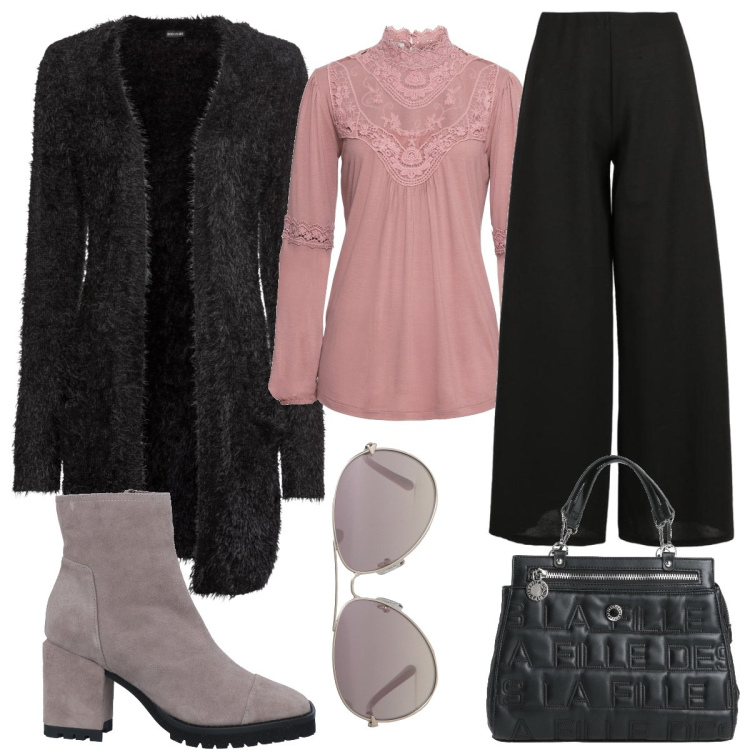 Outfit donna - Pink 50. Stile Glamour per Serata fuori. look ideale per Tall. Abbinamento con cardigans, maglieria, stivaletti, borse a mano, occhiali da sole, pantaloni a palazzo.