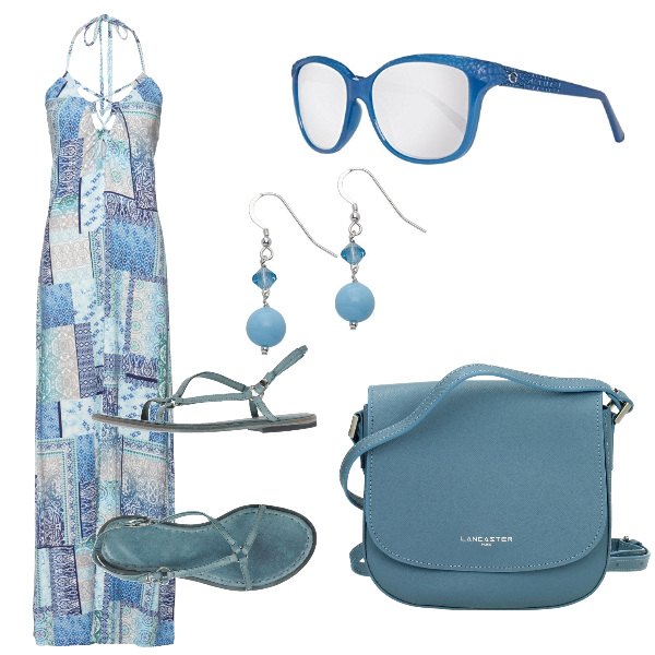 Outfit donna - Fashion anche senza tacco. Stile Trendy per Tutti i giorni. Abbinamento con sandali senza tacco con punta tonda tinta unita, vestiti, borsa a tracolla con logo frontale, occhiali da sole blu, orecchini in con murano argento.