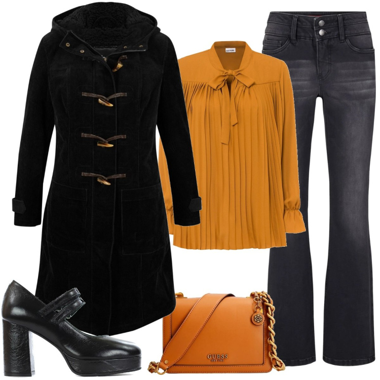 Outfit donna - 50tall@. Stile Casual per Serata fuori. look ideale per Tall. Abbinamento con montgomery, bluse, jeans bootcut, décolleté, clutch.