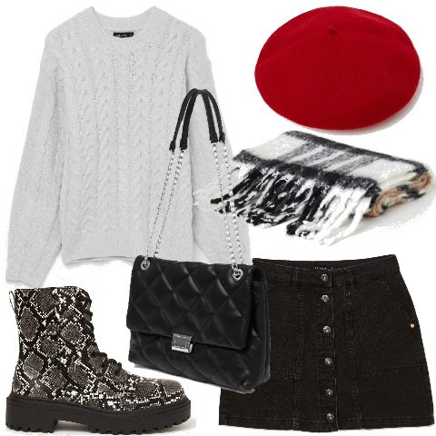 Outfit donna - CALLIOPE Black Friday 2022. Stile Casual chic per Tutti i giorni. Abbinamento con maglieria, minigonne, borse a spalla, sciarpe, anfibi, cappelli con visiera.