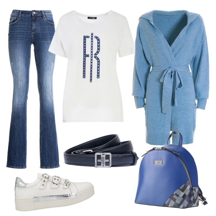 Outfit donna - Total look #1474301. Stile Trendy per Tutti i giorni. Abbinamento con zaini, sneakers, jeans bootcut, cardigans, t-shirt, cinture.