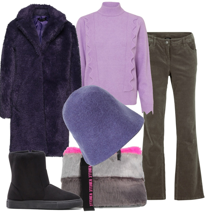 Outfit donna - Freddissimo in città. Stile Urban per Tutti i giorni. Abbinamento con pantaloni, stivali, maglieria, cappotti, borse a mano, cappelli con visiera.