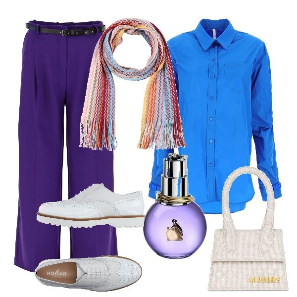 Outfit donna - Insolito mannish. Stile Mannish per Ufficio. Abbinamento con scarpe stringate, sciarpe, pantaloni, camicie, profumi, borse a mano.