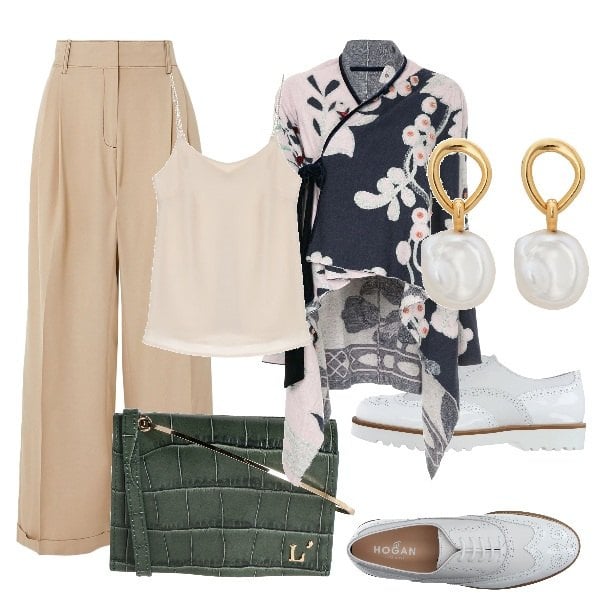 Outfit donna - Romantica #5185. Stile Romantica per Ufficio. Abbinamento con scarpe stringate, pantaloni, borse a mano, giacche, orecchini, top.