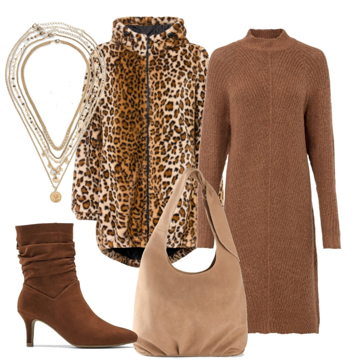 Outfit donna - Animalier sobrio. Stile Minimal per Ufficio. Abbinamento con vestiti asimmetrici, ecopellicce, borse a tracolla, stivaletti, collane.