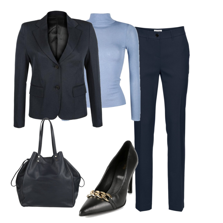 Outfit donna - In ufficio. Stile Casual chic per Ufficio. Abbinamento con pantaloni, borse a mano, maglieria, blazer, décolleté.