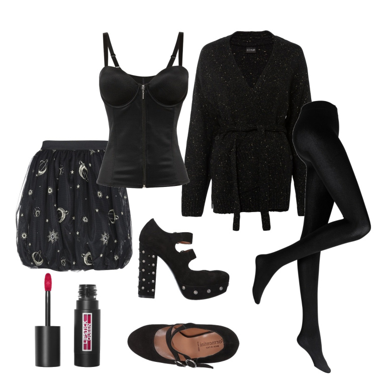 Outfit donna - Total black per la serata. Stile Glamour per Serata fuori. Abbinamento con collant, body, cardigans, décolleté, minigonne, rossetti.
