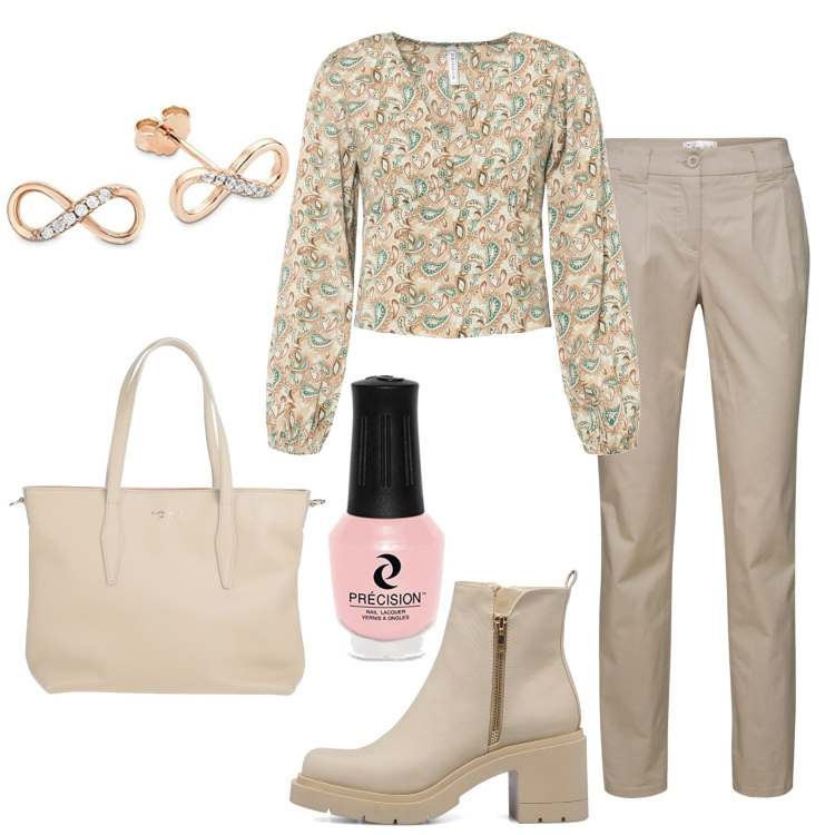 Outfit donna - Precision. Stile Casual chic per Tutti i giorni. Abbinamento con pantaloni chino, bluse, borse a mano, stivaletti, smalti, orecchini.