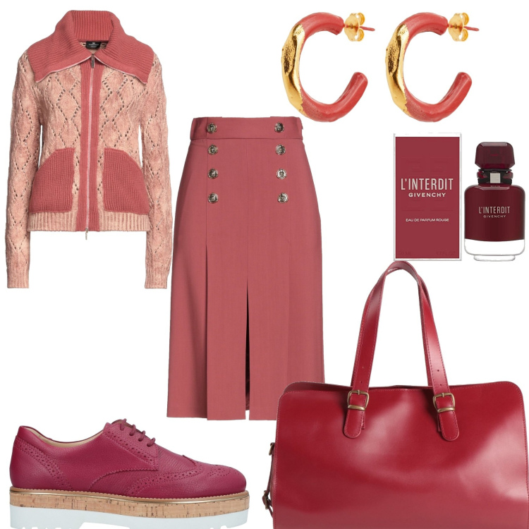 Outfit donna - In ufficio in rosso chiaro. Stile Trendy per Ufficio. Abbinamento con scarpe stringate, gonne longuette, cardigans, borse a mano, orecchini, profumi.