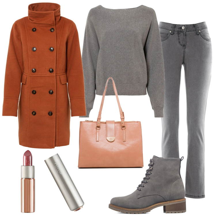 Outfit donna - Appuntamento con le amiche. Stile Urban per Tutti i giorni. Abbinamento con jeans slim fit, cappotti, maglieria, anfibi, borse a spalla, rossetti.