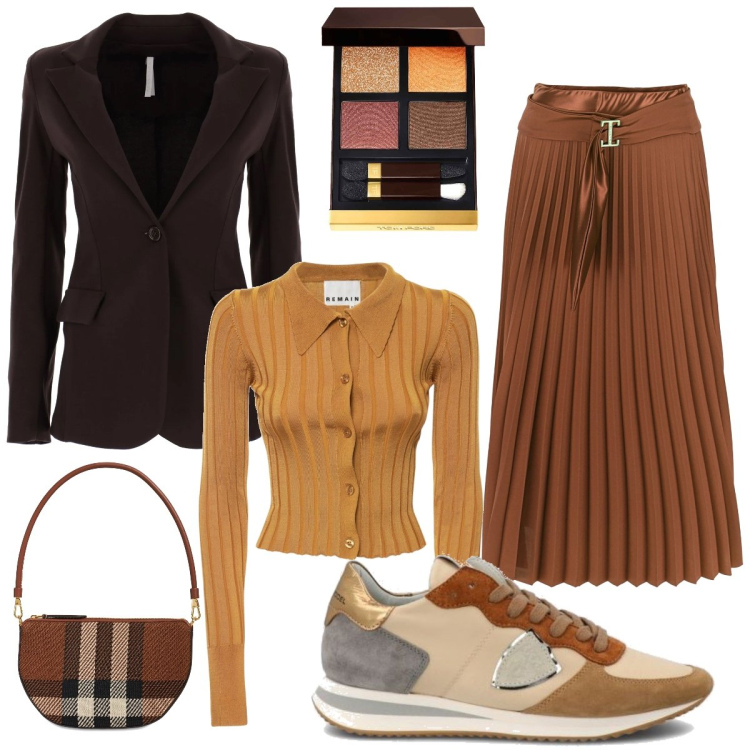 Outfit donna - Black Friday. Stile Preppy per Tutti i giorni. Abbinamento con gonne longuette, giacche, sneakers, cardigans, borse a spalla, ombretti.