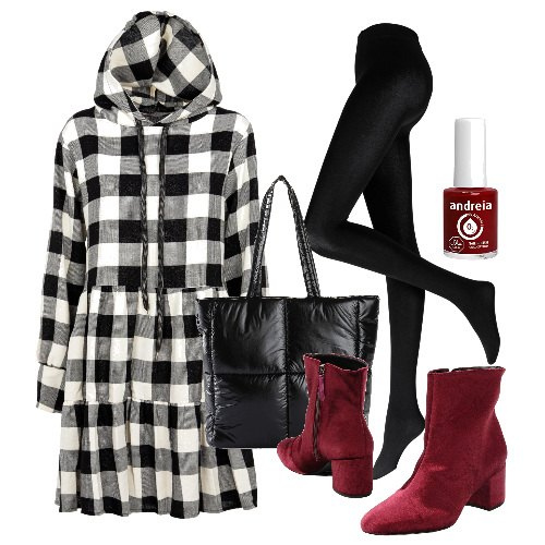 Outfit donna - Balze e cappuccio. Stile Urban per Tutti i giorni. Abbinamento con collant, shopping bag, stivaletti, vestiti corti, smalti.